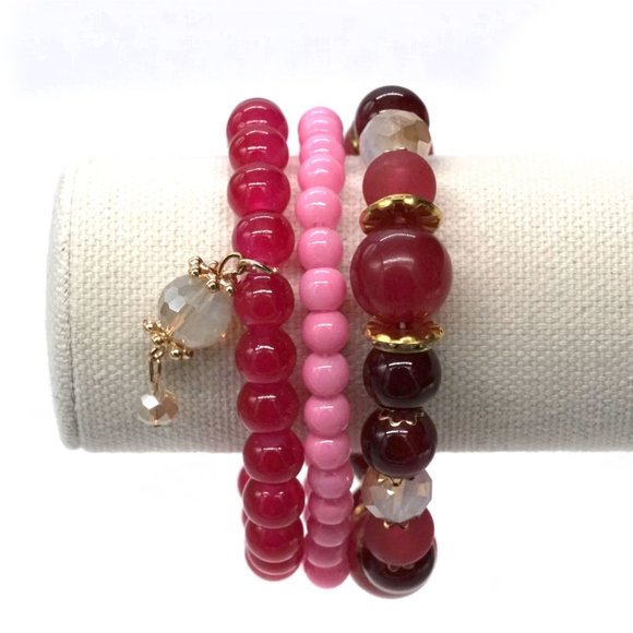 Bracelet Three Strands with Red, Pink & Rhinestones. OS. - Picture 2 of 2